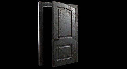 Aged, wooden door with a dark, weathered appearance, partially open against a black backdrop