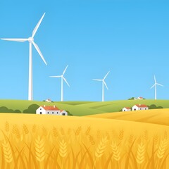 Wind Turbines in Rural Landscape: A scenic vista showcasing the harmonious blend of modern wind turbines with the simplicity of rural life. Witness the peaceful juxtaposition of technology and nature.