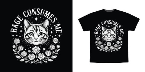 Angry Cute Cat Illustration with Flowers and Stars Vector Design