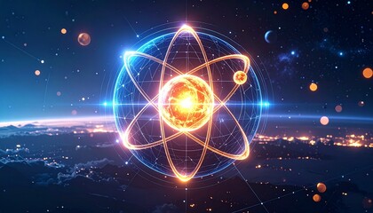 Glowing blue atom with bright nucleus and orbiting electron paths on dark grid background with light particles.
