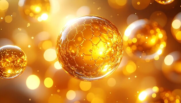 Reflective golden sphere with glowing particles and fluid streams on dark background, evoking energy and transformation.