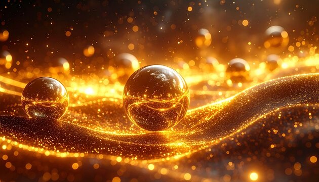 Reflective golden sphere with glowing particles and fluid streams on dark background, evoking energy and transformation.