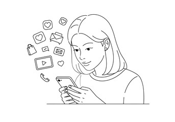 Woman using smartphone with social media icons art