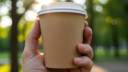 Hand holding a disposable coffee cup with a lid, outdoors in a park-like setting.