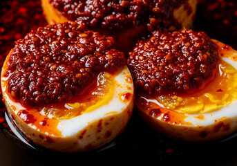 An extreme close-up of soft-boiled eggs (half-cut) generously topped with a thick, vibrant red chili paste or sambal.