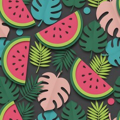 Summer's Sweet Embrace: A vibrant display of paper-crafted watermelon slices and tropical leaves, radiating freshness and the spirit of summer. 