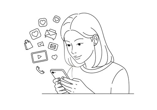 Woman using smartphone with social media icons art