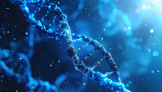 Glowing blue DNA double helix with visible base pairs and molecular detail on soft particle-filled background.