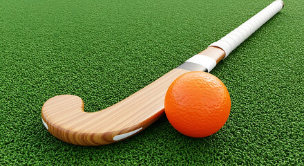 A field hockey stick and orange ball resting on a vibrant green artificial turf surface outdoors ai generated