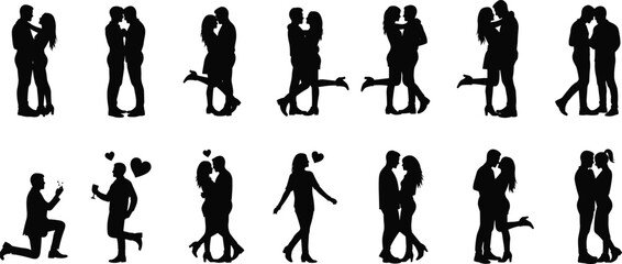 Romantic couple silhouette, love poses, kissing, hugging, proposal, heart symbols, relationship concept, black illustration, affection gesture, flat vector