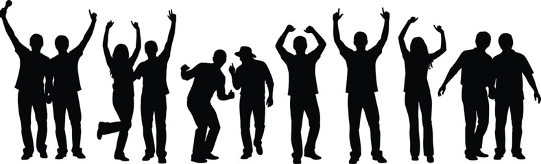 Dancing silhouette group, celebration pose, energetic movement, party vibe, expressive gesture, black illustration, social interaction, music scene, flat vector