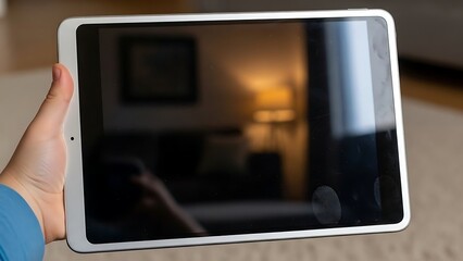 A person's hand holding a modern tablet device, showcasing its screen.