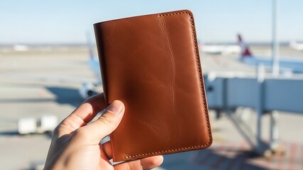 A hand holds a brown leather passport wallet in front of an airport terminal and airplane.