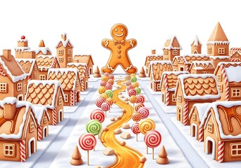 Gingerbread town with candy and gingerbread man
