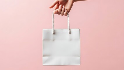 A hand holding a white paper shopping bag against a pink background.