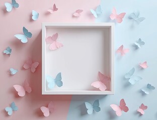 A white square frame filled with pink and blue paper butterflies