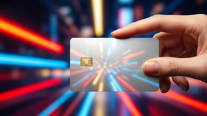 Close-up of a hand holding a silver credit card with a colorful light trail background.