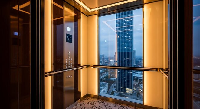 Luxury skyscraper elevator cabin with a panoramic window overlooking the cityscape.