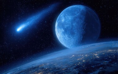 Obraz premium A vibrant blue planet looms over Earth as a comet streaks across the starry expanse