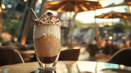Fototapeta premium A hazelnut milkshake under a stylish metallic umbrella at futuristic outdoor caf?(C)