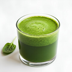 A rich, emerald green juice with a thick, frothy head, served in a low glass on a bright white surface.