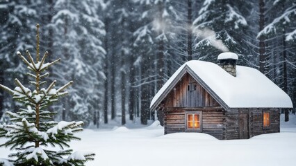 Winter cabin in snow covered forest on blue background.