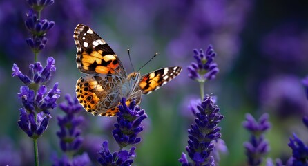Obraz premium Vibrant butterfly with patterned wings perched gracefully on a purple lavender blossom