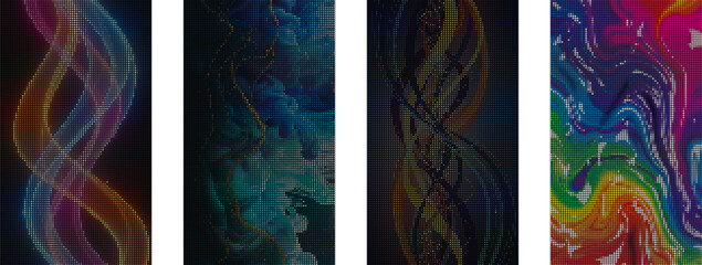 Abstract background with colorful flowing light trails and a grid pattern overlay creating a dynamic, futuristic visual effect