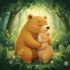 Mother and Cub Embrace: A heartwarming depiction of a nurturing moment, as a mother bear tenderly embraces her cub amidst a lush forest setting, symbolizing love, security, and the bond of family.