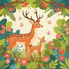 Deer family in the garden :  A vibrant illustrated image of a mother deer with her fawn, surrounded by colorful flowers and foliage, evoking a sense of tranquility.