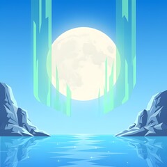 Mystic Moonlit Reflections: A serene illustration captures the ethereal glow of a full moon reflecting upon tranquil water, framed by abstract formations, creating a sense of calm and wonder. 