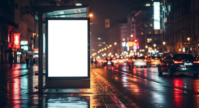 Illuminated blank billboard at a bus stop on a wet city street at night, with blurred traffic and city lights in the background.