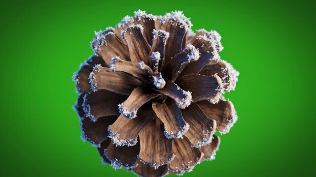 A single frosty pinecone rotating slowly on a vibrant green background.