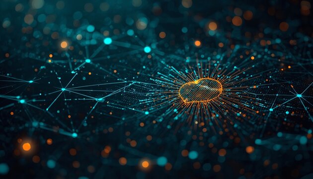 Abstract Cloud Computing Icon Glowing in an Orange Digital Network Mesh. Big Data and Server Connection Concept. Generative AI