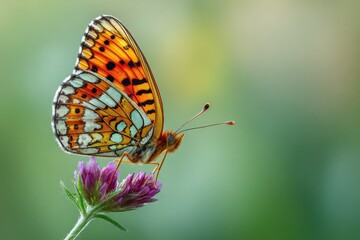 Obraz premium Vibrant butterfly with intricate wing patterns perches upon a small, purple wildflower