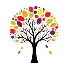 Colorful abstract tree with vibrant leaves, isolated on transparent background