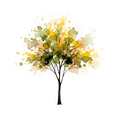 Fototapeta premium Watercolor tree with green and yellow leaves isolated on transparent background