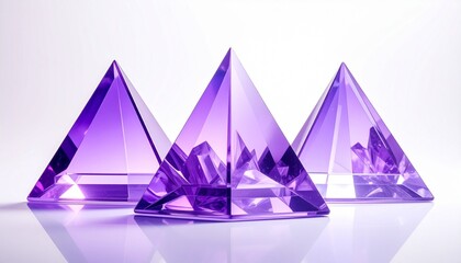 Translucent purple glass pyramids on reflective surface, polished finish, geometric decor product showcase