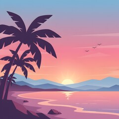 Tropical Sunset Paradise: A breathtaking sunset over a tropical paradise, with swaying palm trees silhouetted against a vibrant sky, casting a serene glow over the tranquil ocean.