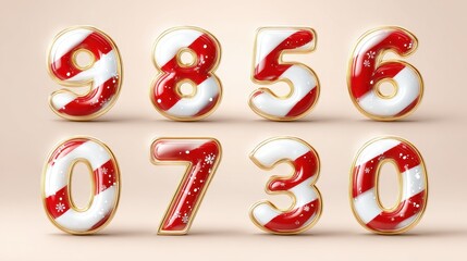 Luxurious 3D candy cane digits 0 through 9 with glossy red and white stripes, golden edges, and frosted sugar coating, perfect for festive designs