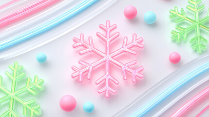 Pink neon snowflake and green neon snowflake with pastel spheres and glowing curved lines, playful festive abstract winter