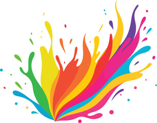 Abstract Rainbow Paint Splash with Flowing Curved Shapes and Small Dots on White Background bright celebration