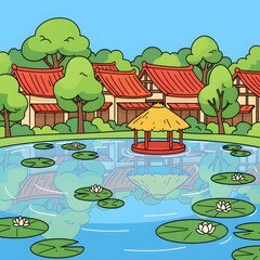 Tranquil Pondside Village: A picturesque illustration captures a serene village nestled beside a calm pond, adorned with floating water lilies.