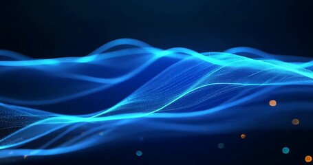 Abstract blue wave patterns flowing smoothly against a dark background with glowing particles - Powered by Adobe