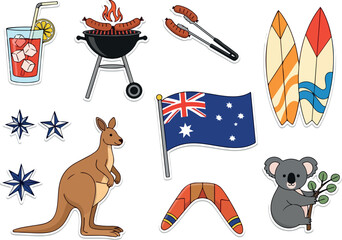 Iconic Australian Symbols Collage Kangaroo, Flag, Surfboards & More