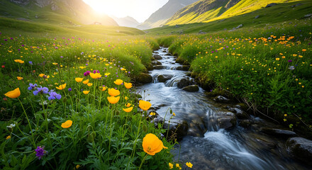 A mountain stream flows through a meadow filled with wildflowers and green grass under a bright sun ai generated
