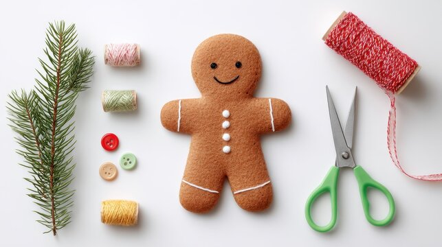 Handmade Christmas gingerbread ornament on a clean white table with colorful threads and scissors, showcasing festive crafting and creativity