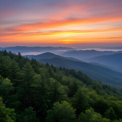 Sunrise over Mountain Range: A majestic vista unfolds as the sun begins to rise over a layered mountain range, painting the sky with vibrant hues, while a dense forest blankets the foreground.