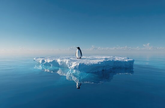 A lone penguin stands on a small, floating ice floe in tranquil, open ocean