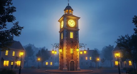 Fototapeta premium Nighttime Clock Tower Illuminated with Warm Lights in a Town Square.